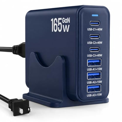 165W GaN Charging Station, 6-Port Desk Charging Station, Navy Blue - color: Navy Blue