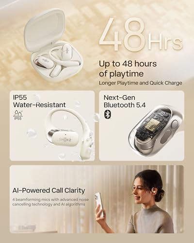 SHOKZ OpenFit 2 Open-Ear Earhook Bluetooth Earbuds, White,48H Playtime - color: Beige, style: Charging：USB-C
