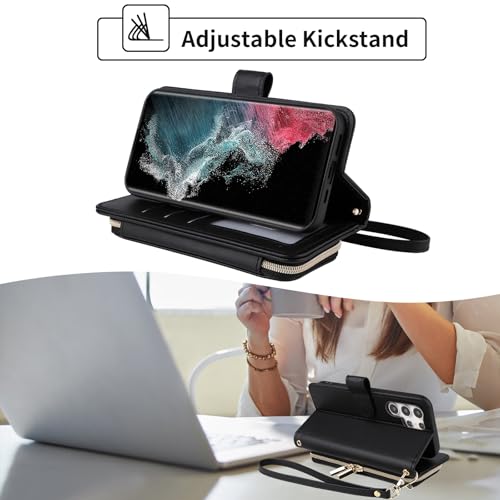Wallet Case for Samsung Galaxy S21 Ultra 5G with Wrist Strap, 9+ Card Slots Zipper Purse, Luxury PU Leather Stand Full Body Phone Cover for S21ultra 21S S 21 21ultra G5 Women Girls Black | Wrist/Shoulder Strap, Card Slots, Purse, Luxury PU Leather, Stand,