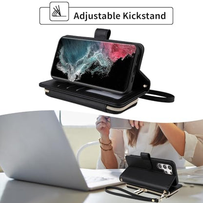 Wallet Case for Samsung Galaxy S21 Ultra 5G with Wrist Strap, 9+ Card Slots Zipper Purse, Luxury PU Leather Stand Full Body Phone Cover for S21ultra 21S S 21 21ultra G5 Women Girls Black | Wrist/Shoulder Strap, Card Slots, Purse, Luxury PU Leather, Stand,