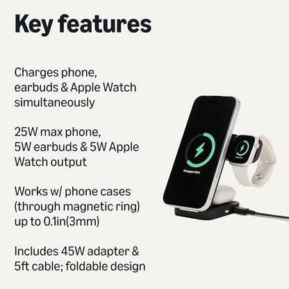 Amazon Basics MagSafe Compatible 25W Fast Charging Qi2.2 Certified 3-in-1 Wireless Charging Station, Foldable Stand for iPhone 17/16/15/14/13/12, Apple Watch, AirPods, with 45W Adapter, Black - color: Black