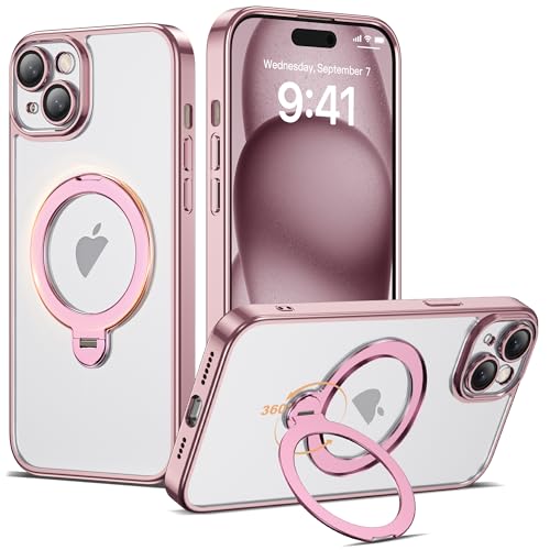 Compatible with iPhone 15 Case with 360° Spin Magnetic Ring Stand [Compatible with Mag-Safe] Full Camera Lens Protector Plating Clear Phone Case for iPhone 15 6.1", Pink - color: Pink, size: Iphone 15