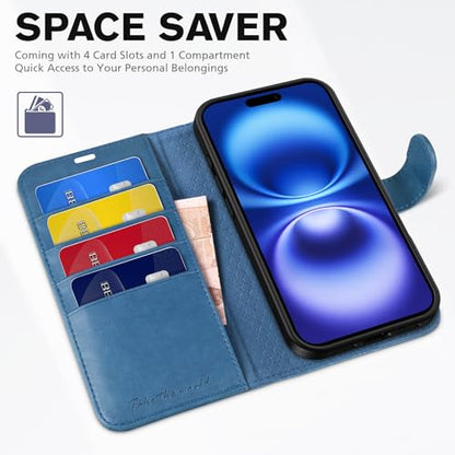 TUCCH Wallet Case for iPhone 16 (6.1") 2024, Flip Stand, Light Blue | RFID Blocking, 4 Card Holders, Kickstand, PU Leather, Shockproof TPU Shell, Magnetic Closure, Protective Folio Cover - color: Light Blue