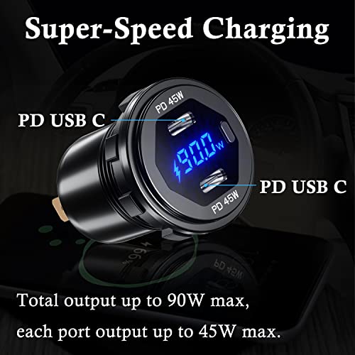 Dual PD 45W USB C Charger Socket Fast Charge Dual PD USB C Port Waterproof with Switch LED Voltmeter and Wire Fuse DIY Kit for 12V/24V Car Boat Marine ATV Bus Truck RV Motorcycle