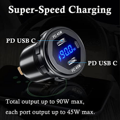 Dual PD 45W USB C Charger Socket Fast Charge Dual PD USB C Port Waterproof with Switch LED Voltmeter and Wire Fuse DIY Kit for 12V/24V Car Boat Marine ATV Bus Truck RV Motorcycle