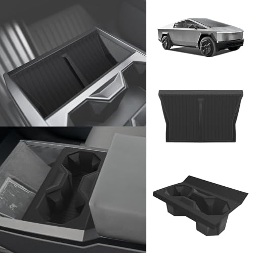 BestEvMod 2PCS Center Console Phone Charge Area Silicone Mat & Cup Holder Insert Compatible with 2026 2025 2024 Tesla Cybertruck Non-Slip Easy to Clean Black (Cup Holder Insert+Charge Pad Mat) - size: Cybertruck, style: Cup Holder Insert + Charge Pad Mat