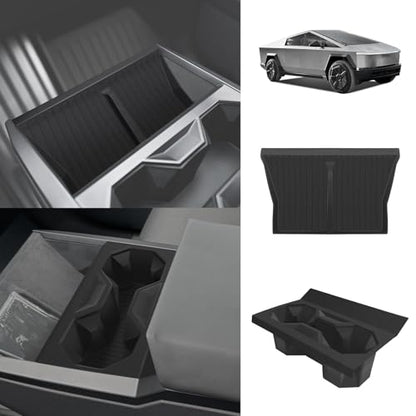 BestEvMod 2PCS Center Console Phone Charge Area Silicone Mat & Cup Holder Insert Compatible with 2026 2025 2024 Tesla Cybertruck Non-Slip Easy to Clean Black (Cup Holder Insert+Charge Pad Mat) - size: Cybertruck, style: Cup Holder Insert + Charge Pad Mat