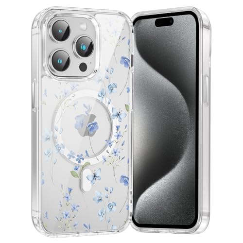 for iPhone 16 Pro Max Magnetic Case Cute Clear Flower Pattern Case, Aesthetic Spring Floral for Girls Women, Soft TPU Clear Slim Anti-Drop Shockproof Protective Phone Cover - Blue Branch Flower - color: Blue Branch Flower, size: iPhone 16 Pro Max