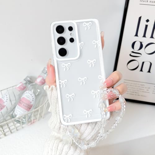 NITITOP Compatible with Samsung Galaxy S23 Ultra Case Clear Ribbon Bow Knot Pattern for Girls Women Bowknot Durable with Chain Wrist Strap Soft TPU Shockproof Protective Phone Cover - White2 - color: White, size: Samsung Galaxy S23 Ultra