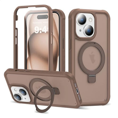 Compatible with iPhone 15 Plus Case with Magnetic Ring Stand [Compatible with Mag-Safe] [Built-in Screen Protector] Military-Grade Drop Protection Matte Translucent Phone Case, Desert Brown - color: Desert Brown, size: Iphone 15 Plus