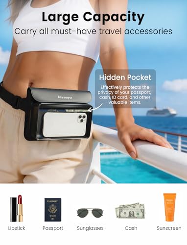 Niveaya IPX8 Floating Waterproof Fanny Pack Holds Phone, Passport & Cash | Large Capacity Touch Screen Adjustable Waist Strap for Kayaking, Paddle Boarding, Waterpark & Swimming Essentials - color: Translucent black&translucent black