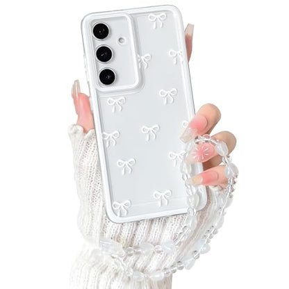 NITITOP Compatible with Samsung Galaxy S24 FE Case Clear Ribbon Bow Knot Pattern for Girls Women Bowknot Durable with Chain Wrist Strap Soft TPU Shockproof Protective Phone Cover - White - color: White, size: Samsung Galaxy S24 FE