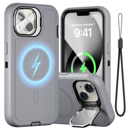 Follaroma for iPhone 13 Case with Stand & Built-in Camera Cover, MagSafe Compatible, Heavy-Duty Shockproof Protection, Magnetic & Rugged Phone Cover for iPhone 13 6.1'', Grey - color: Grey