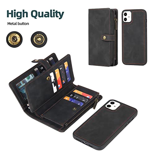 TwoHead for iPhone 11 Wallet case with 11 Card Holder (Black) | Detachable Magnetic Phone Case, PU Leather Wallet for Women/Men,Wireless Charging Compatible,with Wrist Strap - color: Black