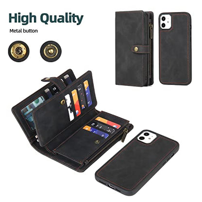TwoHead for iPhone 11 Wallet case with 11 Card Holder (Black) | Detachable Magnetic Phone Case, PU Leather Wallet for Women/Men,Wireless Charging Compatible,with Wrist Strap - color: Black