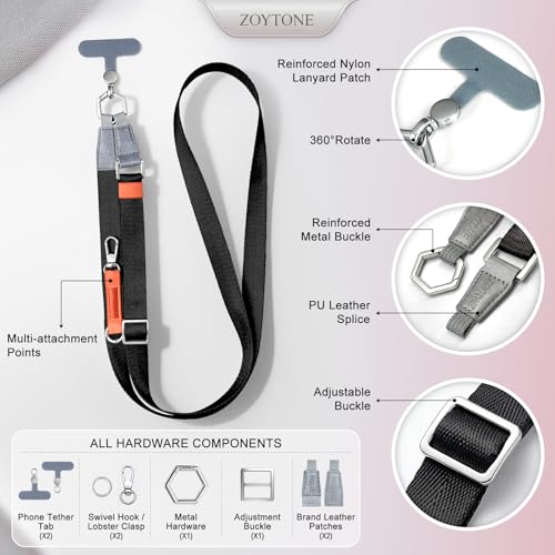 Phone Lanyard Crossbody, Adjustable Ergonomic Shoulder Phone Strap - color: Black