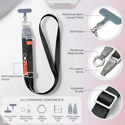 Phone Lanyard Crossbody, Adjustable Ergonomic Shoulder Phone Strap - color: Black
