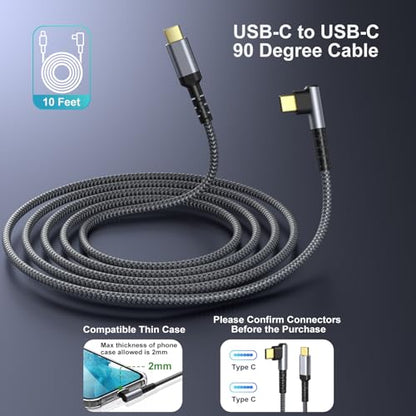 OKRAY USB C Cable 10ft, 60W Fast Charging USBC to USBC 90 Degree Angle Cord - color: Grey