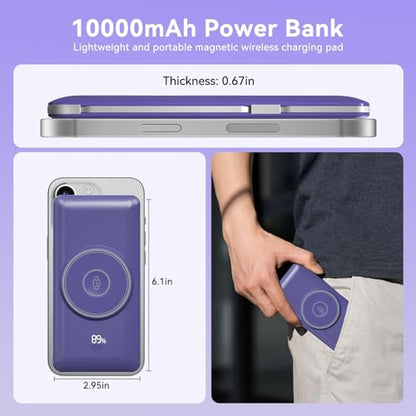Magnetic 10000mAh Portable Charger for iWatch & iPhone, PD Fast Charging Wireless Power Bank Built-in Cables and Wall Plug, External Travel Battery Pack Compatible with iOS Android Phones - color: Dark Blue
