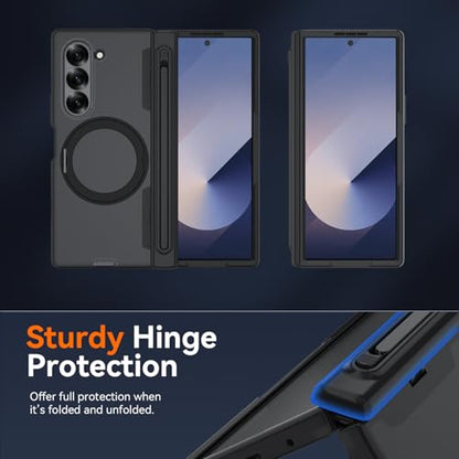 Upgraded 360° Spin Magnetic Invisible Ring Stand for Samsung Galaxy Z Fold 6 Case,[Compatible with MagSafe][S Pen Holder][Hinge Protection][Screen Protector],Shockproof Full Body Phone Cover (Black) - color: Black