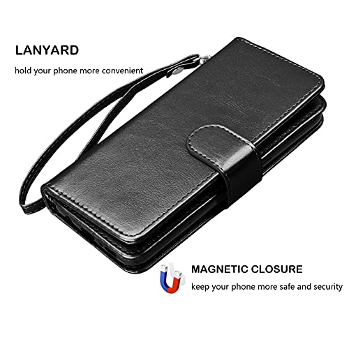 NJJEX Compatible with iPhone 13 Mini Case/iPhone 13 Mini Wallet Case 5.4" (2021), [9 Card Slots] PU Leather Credit Holder Folio Flip [Detachable] Kickstand Magnetic Phone Cover & Lanyard [Black] | PU leather, ID Credit Card Holder, detachable folio flip,