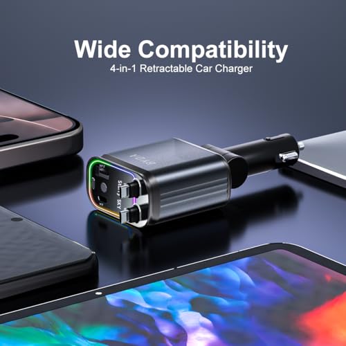 4 in 1 Retractable Car Charger with Starry Light,69W USB-C Fast Car Charger, for iPhone 17/16/15/14/13/12/11, Android,Pixel,Cigarette Lighter Charger (for Lightning+USB-C) - size: Starry Light