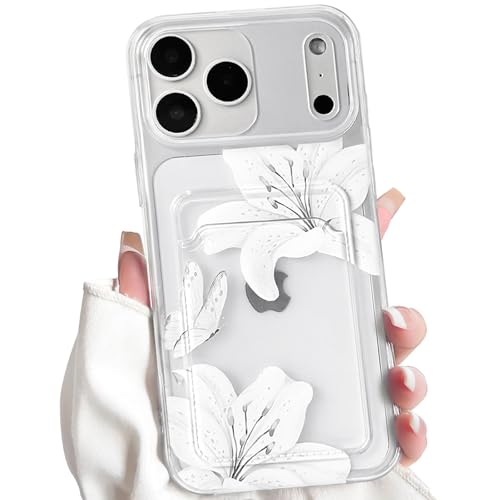NITITOP Compatible for iPhone 17 Pro Case with Card Holder Clear Cute Floral Lily Flowers Butterfly for Women Girls Soft TPU Shockproof Wallet Case Protective Phone Cover - White - color: White, size: iPhone 17 Pro