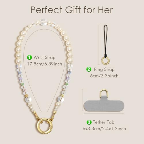 SURPHY Phone Charm, Handmade Beaded Phone Wrist Strap with Tether Tab - color: B- Pearl Crystals