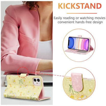 UEEBAI Wallet Case for iPhone 12/iPhone 12 Pro 6.1 inch, PU Leather Wallet Kickstand RFID Blocking Flip Case Card Slots Wrist Strap Relief Engraved Pattern Magnetic Closure Folio Cover, Yellow Daisy - color: Yellow Daisy, size: iPhone 12/iPhone 12 Pro 6.1