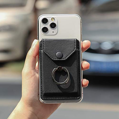 Self Adhesive Phone Card Wallet with Ring Stand Flip Cover, Black - color: Black