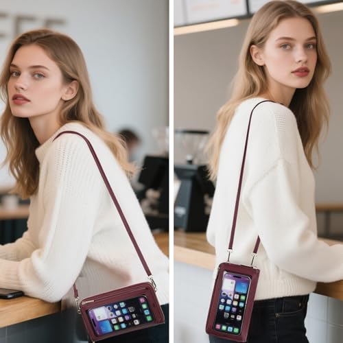 GOIACII Phone Purse Crossbody Bags for Women Small Travel Wallet Touch Screen RFID Blocking - color: A10 Wined Red