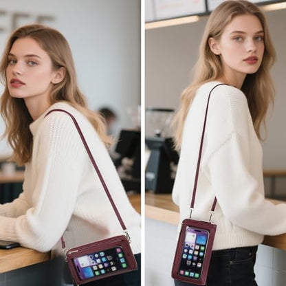 GOIACII Phone Purse Crossbody Bags for Women Small Travel Wallet Touch Screen RFID Blocking - color: A10 Wined Red