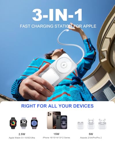 3 in 1 Magnetic Wireless Charger,Foldable Charging Station Built-in Retractable Cable,15W Portable Wireless Charging Stand for iPhone 16 15 14 13 12,Apple Watch,AirPods (20W Adapter) (White) - color: White