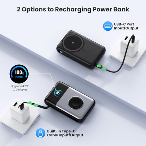 Magnetic Portable Charger 10800mAh with Built-in Cables, 15W Wireless Power Bank for Magsafe,30W PD Fast Charging USB-C Travel Essential Battery Pack for iPhone 17/16/15/14/13/12 Series