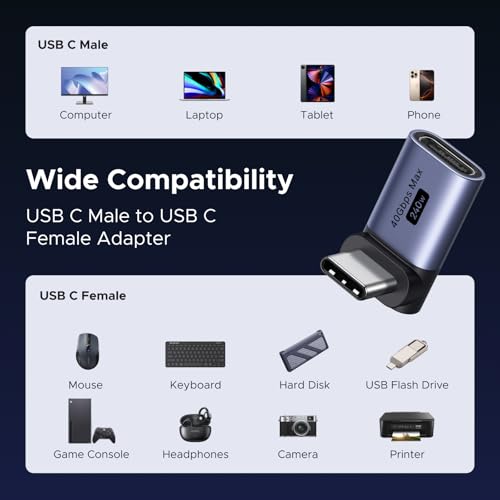 UGREEN 90 Degree USB C Adapter 3 Pack, Right Angle Male to Female Converter