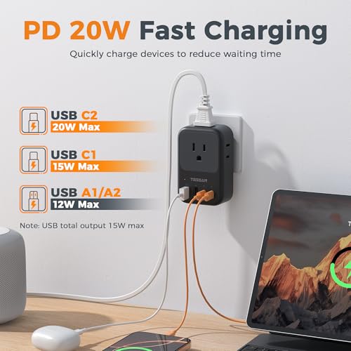 TESSAN USB C Charger Block 20W PD, Fast Charging Adapter with Foldable Plug - color: Black, size: 2 USB-C/A