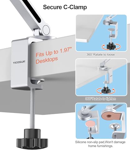 YICOSUN Tablet Stand for Desk - Heavy Duty Aluminum iPad Arm Mount with Super Grip Clamp, 360° Rotating Foldable Holder for 4.7-13" iPad, Kindle, Phone - Reading, Drawing, Video Call - Silver - color: Silver