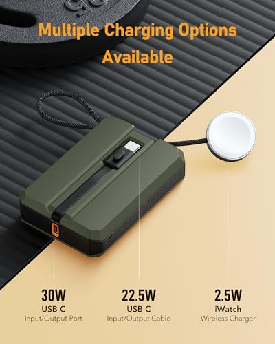 VEEKTOMX PD 30W Power Bank Fast Charging with Built-in USB C Cable for iPhone, Small Portable Charger 10000mAh, Portable Apple Watch Charger, Compact Battery Pack for iPhone 16/15/15 Plus, Green - size: USB-C Green