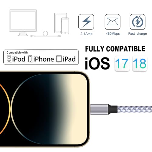 iPhone Charger, Lightning Cable 3PACK 6FT MFi Certified USB Charging Cord - color: white, grey
