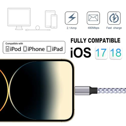 iPhone Charger, Lightning Cable 3PACK 6FT MFi Certified USB Charging Cord - color: white, grey
