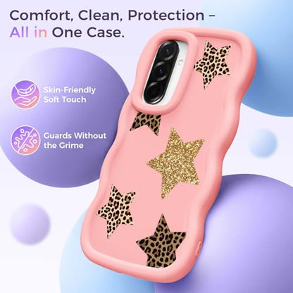 for Galaxy A36 Phone Case, Wavy Soft TPU, Pink-Leopard Star | Wavy Frame Design, Soft Slim TPU, Full Camera Lens Protection, Shockproof Phone Cover - color: Pink-Leopard Star, size: Samsung A36