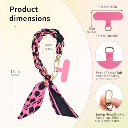 Phone Wrist Strap with Gold Metal Scarf and Universal Tether Tab, Aesthetic Print Design Ribbon Chain, Multi-Purpose Accessories for Bag Key Cellphone for Men Women Girls-Hot Pink Leopard - color: Hot Pink Leopard