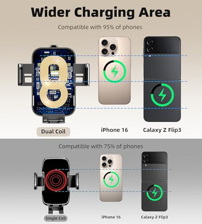 Dual Coil 15W Cup Phone Holder Mount, Wireless Car Charger Auto-Clamping Fast Charging Vent Phone Holders for Your Car for iPhone Duo/18/17/16/15/14/13/12/11 Series, Samsung Flip S25 S24 S23 S22 Ultra