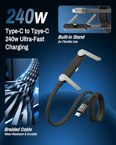 240W USB C to USB C Ultra Fast Charging Cable with Invisible Stand Flat Phone Charger 90 Degree Right Angle Plug T Shaped Foldable Stand Multi Functional Cord Black 4.9 Ft (1 Pack