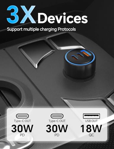 for iPhone 15/16 Pro Max Car Charger, 72W 3-Port Fast USB C Car Charger