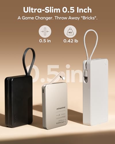 MOMAX Ultra-Slim 10000mAh Portable Power Bank with Built-in USB-C Cable, PD 30W Fast Charging Battery Pack for iPhone 17/16/15, iPhone air, Galaxy, Pixel (No Wireless,No Lightning) - size: 10000mAh