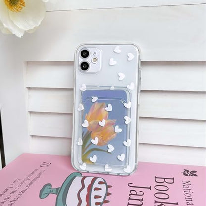 NITITOP Compatible with iPhone 12 Case Clear with Card Holder Cute White Love Heart Pattern Design Design Soft TPU Shock-Absorbing Wallet Case Protective Cover - White - color: White, size: iPhone 12