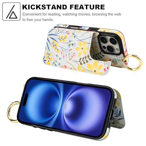 HAOPINSH for iPhone 16 Pro Wallet Case with Card Holder, Floral Flower Print Back Flip Folio PU Leather Kickstand Card Slots Case, Finger Grip Ring Double Magnetic Clasp Shockproof 6.3" - color: Floral Flower Grip Ring