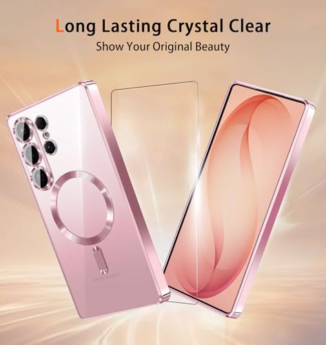 Magnetic for Samsung Galaxy S26 Ultra Case with 2X Screen Protector & Full Camera Cover,Fit with MagSafe,Plating Soft Glossy Luxury Shockproof Women Girls Phone Cases for Galaxy S 26 Ultra ,Pink - color: Pink-S26 Ultra