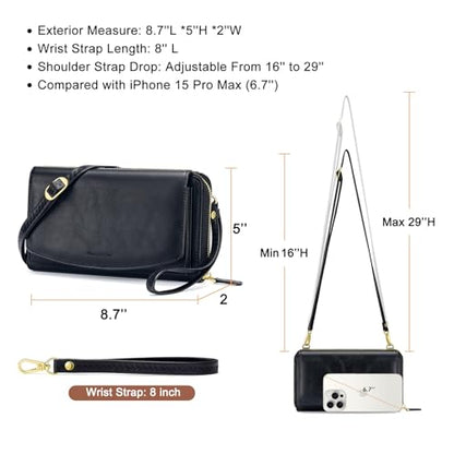 Peacocktion Womens Crossbody Wristlet Wallets with Cell Phone Pocket RFID Vegan Leather Cross Body Purses Travel - color: 01-black